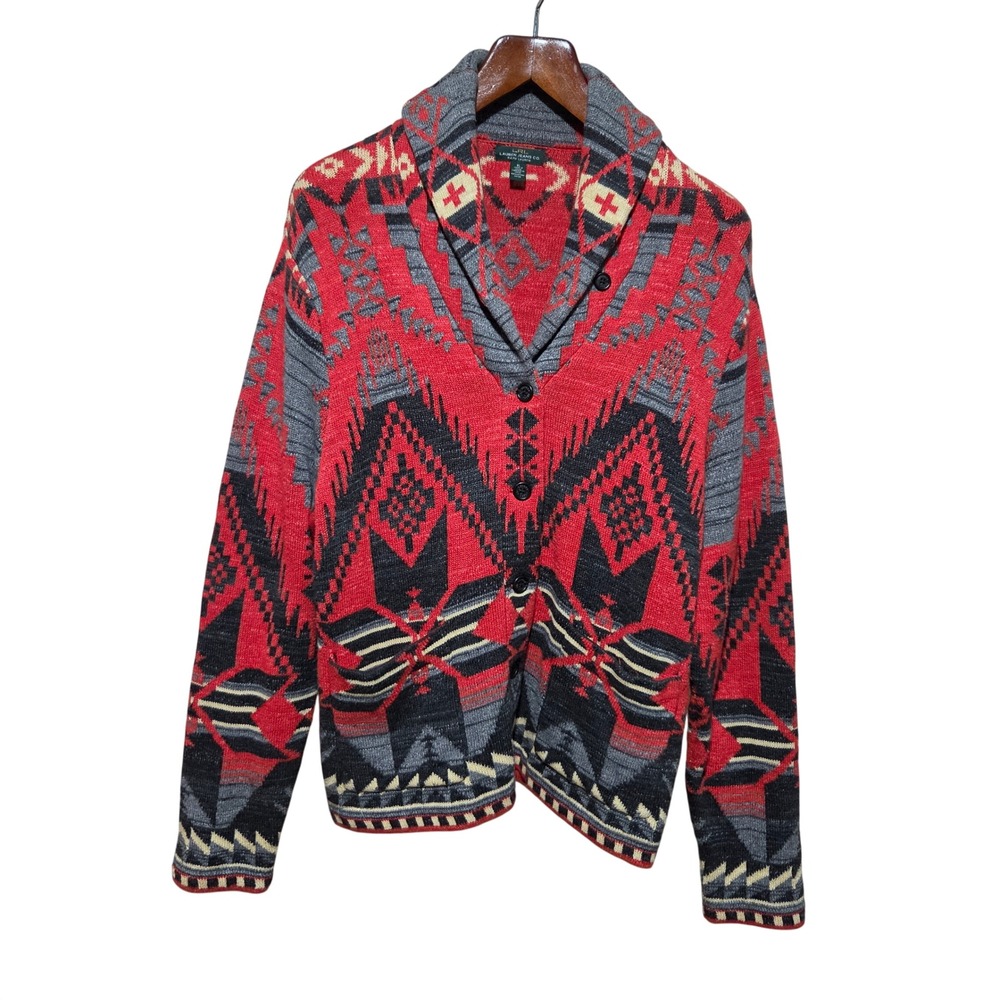 Lauren Ralph Lauren Southwestern Shawl Collar Cardigan Red Black XL Cotton